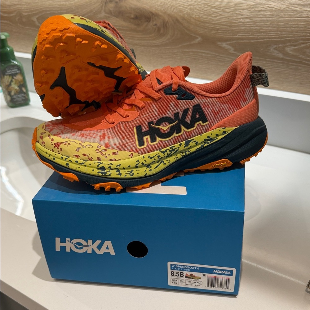 Hoka Women's Trail Runner in Coral and Yellow with Navy Accents - Picture 5 of 11